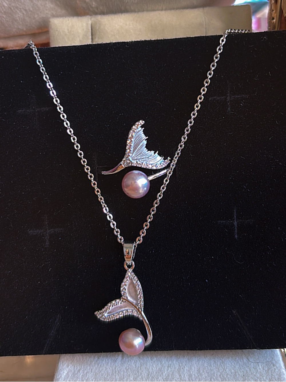 Elegant Silver Whale Tail Pendant Necklace and Ring with Pink Pearls